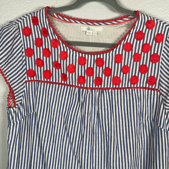 Boden blue & white striped Pom Pom linen blend tunic dress w/pockets size 14 - Picture 2 of 9